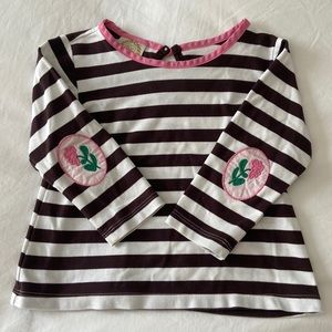 4T TBBC long-sleeve top. Brown & white stripe w pink flower elbow patches. EUC
